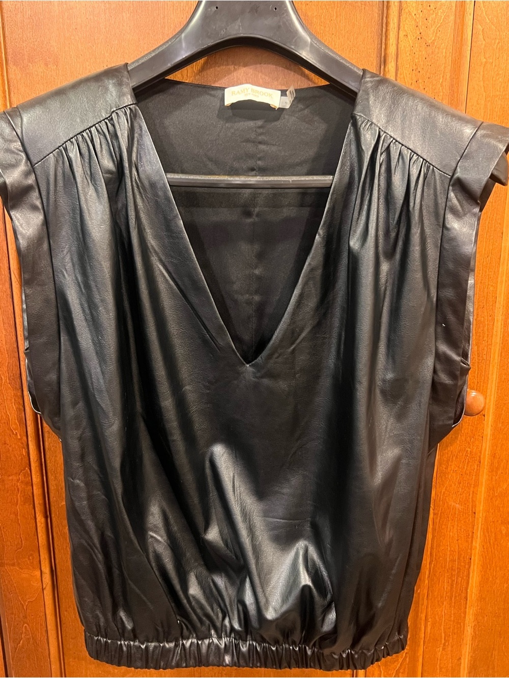 Ramy Brook Black Faux Leather V-Neck Blouson Top